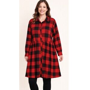 💛 NO COMMENT Red Black Buffalo Plaid Dress Roll Tab Sleeves NWT 2X